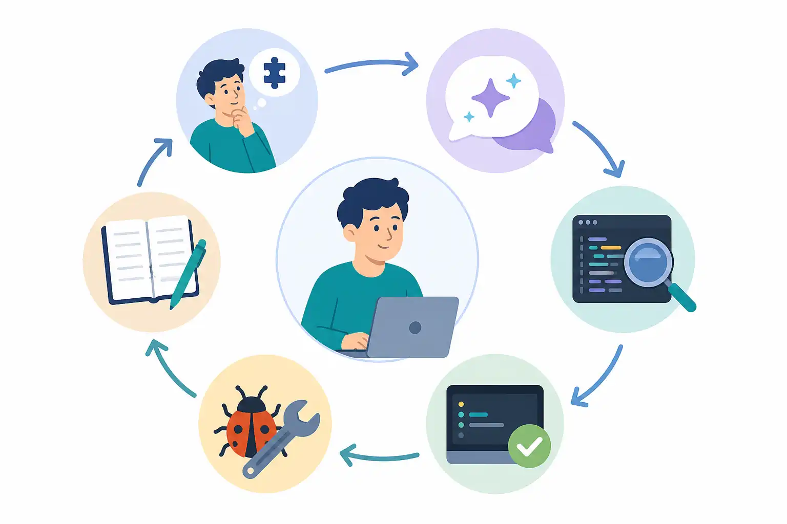 Infografik zu Programmieren lernen mit KI-Coding-Assistenten: So übst du richtig statt nur Code zu kopieren (KI-generiert)